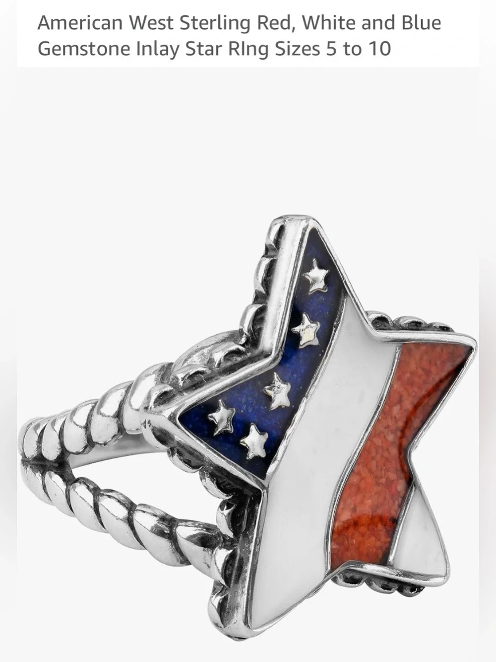 American West Patriotic American flag Star sterling silver size 7 red white blue